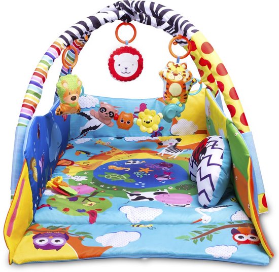 Lionelo Anika Plus 2-in-1 Babygym & Speelkleed – Met Verhoogde Randen (Boxfunctie) – Inclusief Tummy Time Kussen, Interactief Boekje & 5 Speeltjes – 115x110 cm