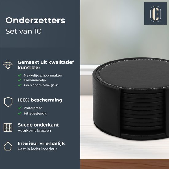 Castagnola Sous-verres de Verre en Cuir avec Support - Sous-verres pour Verres - Sous-verres de Verre Design - Ensemble de Dessous de Verre - Sous-verres de Verre - Cuir - Sous-verres en Cuir - Set de 10 - Zwart