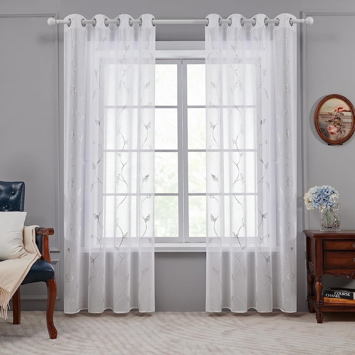 Gordijnen wit gordijn transparant linnenlook gordijn voile gordijn met ogen woonkamer, 245x140, bloemen