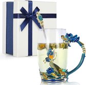 Emaille Ambachtelijke Vlinder Bloem Glazen Koffiekopjes Theekop Dames Geschenkdoos Set met mooie stalen lepel, moeder, vriendin, verjaardag, Moederdag, vrouw Gepersonaliseerde geschenken - Hemelsblauw