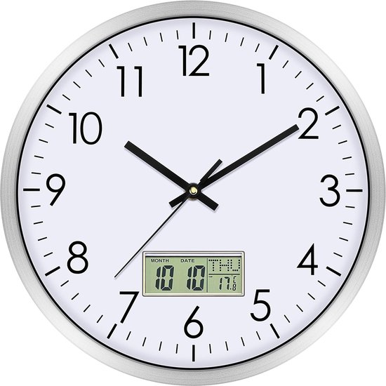 Horloge murale numérique avec affichage de la date de la température, quartz silencieux sans tic-tac, horloge en métal moderne pour cuisine, salon, chambre à coucher, salle de bain, école, bureau, maison