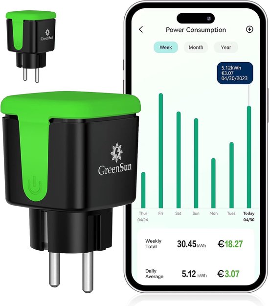DuoPack Greensun Slimme Stekker voor Binnen en Buiten - Smart Plug - IP44 - Google Home & Amazon Alexa - Tijdschakelaar & Energiemeter - Smart Home - Bediening via App -