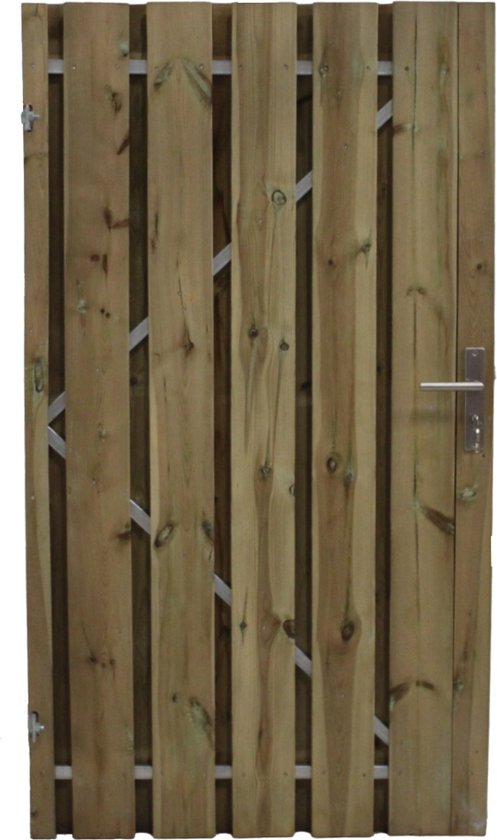 Foto: Schuttingdeur tuinpoort grenen inclusief stalen frame en cilinderslot 120 x 180 linksdraaiend