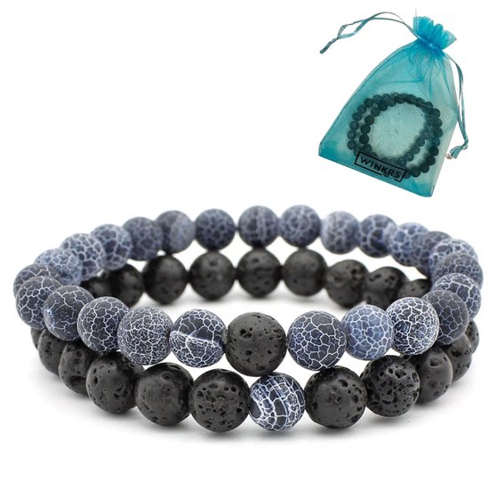Set Bracelets avec perles de Lava & Agate Givrée - 19CM - noir/gris - Bijoux Pierre Natuursteen femme/homme