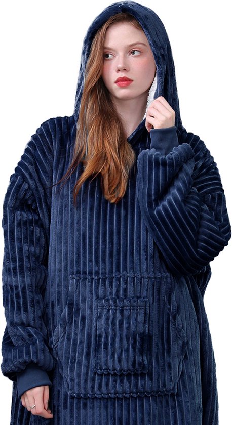 CALIYO Couverture à capuche - Blanket avec manches et capuche - Couverture polaire - Blanket avec manches et capuche - Femme et homme - Couverture TV en velours côtelé - Couverture de canapé - Bleu foncé