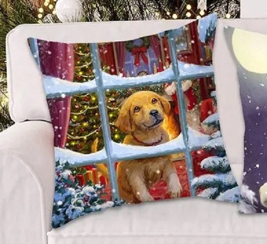Kerstkussen - kussenhoes - Hondje voor kerstraam - schattige kerst pup