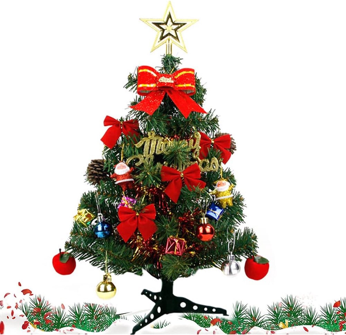 Kunstmatige mini-kerstboom, 60 cm, kleine kerstboom met ledlampjes en ornamenten, mini-tafel-kerstboom, kerstdecoratie voor tafel, bureau, woondecoratie
