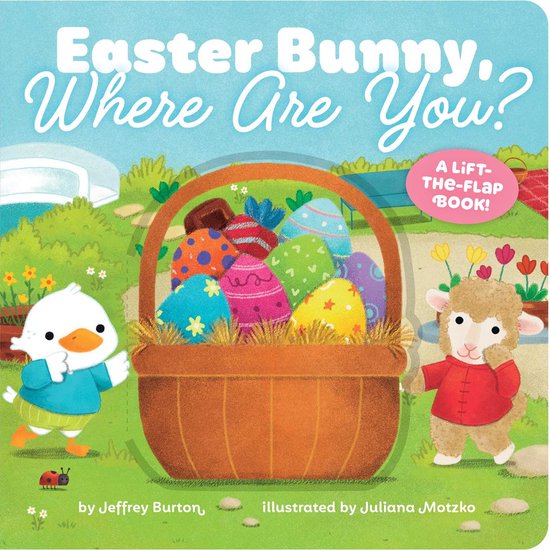 Livre pour enfants "Easter Bunny, Where Are You?" avec un panier rempli d'œufs de Pâques, un poussin et un agneau. Texte en anglais.
