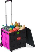Relaxdays boodschappentrolley inklapbaar - vouwkrat met wielen - trolley - boodschappenkar - roze
