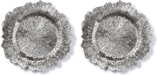 2x Ronde zilveren kaarsenplateaus/kaarsenborden asymmetrisch 33 cm - onderborden / kaarsenborden / onderzet borden voor kaarsen