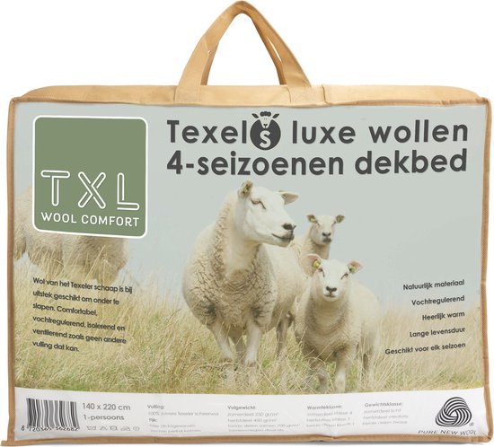 TXL Wool Comfort - Texels Luxe Wollen 4 seizoenen dekbed - 240 x 220 - 2 persoons - 100% zuivere texelse scheerwol - Tijk: Luxe dichtgeweven zachte perkal katoen - Pure New Wool