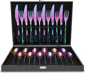 Cutlery Set 24-Piece Stainless Steel Rainbow Cutlery Set for 6 People Knife and Fork Set for Home, Highly Polished, Rustproof, Dishwasher Safe, Wooden Box Gift