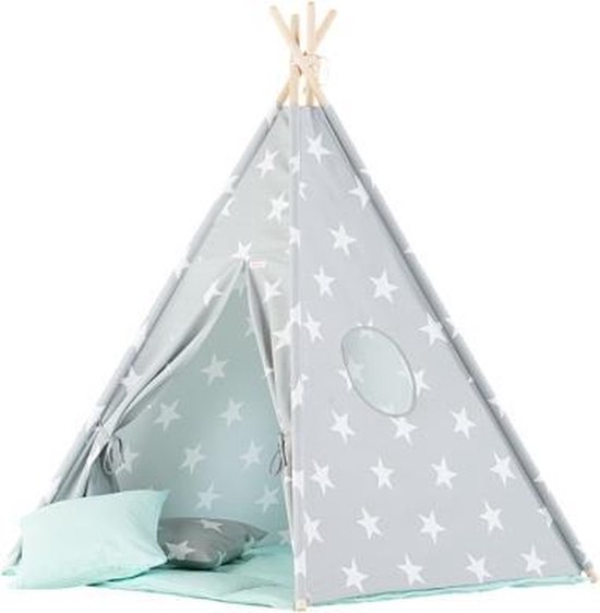 Tipi Tent / Speeltent Kinderkamer Stars Grey met Mintgroene speelmat -  Speeltent voor... | bol.com