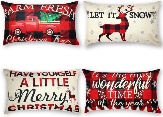 Set van 4 kussenslopen voor Kerstmis gooien gun jezelf een beetje vrolijk kerstfeest met rood zwart buffelpatroon sneeuwvlokken hert vrachtwagen winter vakantie thuis kussensloop, 30 x 50 cm
