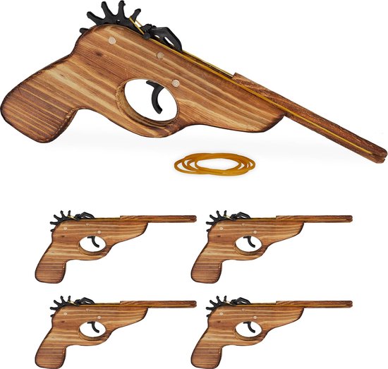 Relaxdays 5x elastiek pistool - geweer - houten pistool - speelgoedpistool - elastiekjes