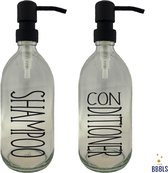 Giftset - 500ml - Plastic Flessen met Zwarte Tekst 'Shampoo' en 'Conditioner' en Zwarte RVS Pompjes