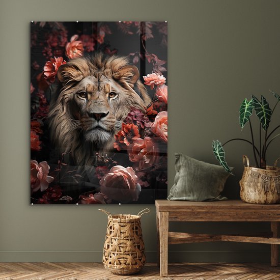 MuchoWow® Glasschilderij 90x120 cm - Schilderij acrylglas - Leeuw - Dier - Natuur - Botanisch - Bloemen - Roze - Foto op glas - Muurdecoratie woonkamer - Wanddecoratie slaapkamer - Schilderijen