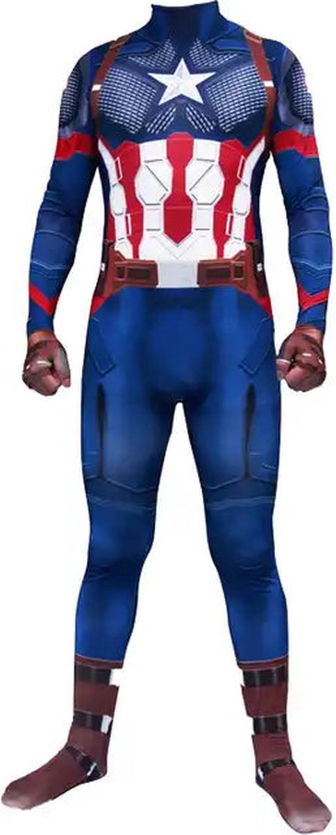 Superheldendroom - Schilddrager Held Kostuum – Blauw‑Rood – Stretch - 128/134 (7/8 Jaar) - Verkleedkleding - Superheldenpak - Actieheld - Carnaval