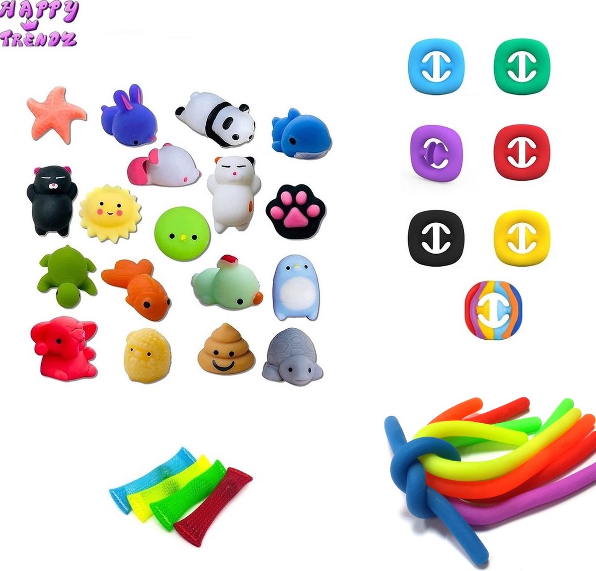 Happy Trendz® 13-Delig Fidget Toys Pakket - Inclusief Mochi Squishies, Snappers Fidget, gift pakket en Mesh Marble Fun!