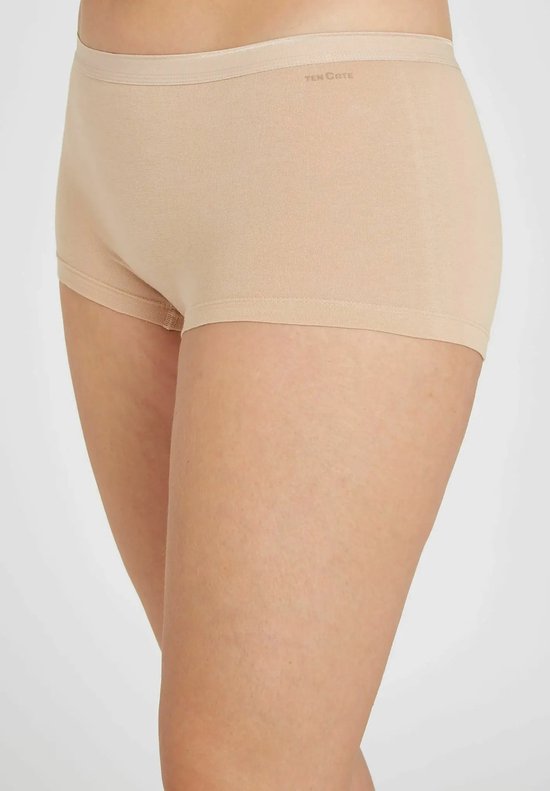 Zij-aanzicht van beige dames shorts met een lichtbruine elastische band.