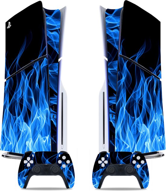 Foto: Blue flames skin geschikt voor de playstation 5 slim disk 1 console en 2 controller stickers geschikt voor de ps5 slim