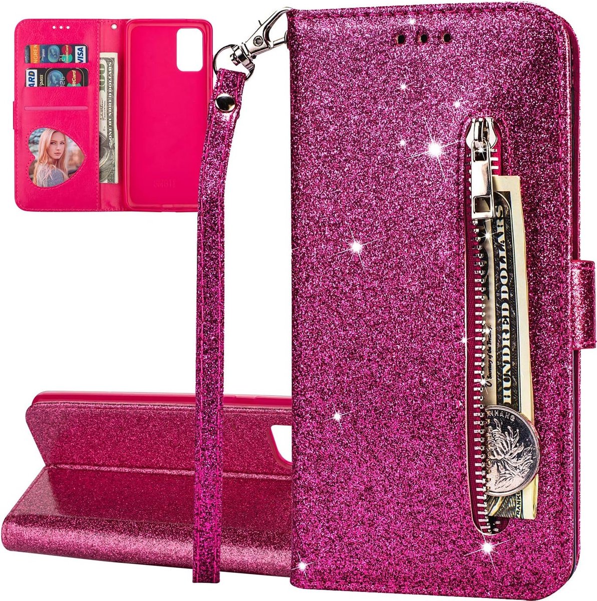 Portemonne hoesje voor iPhone 15 - bling glitter Bookcase met ritsvak en kaarthoudersleuf - beschermhoesje voor Geschikt voor iPhone - roze