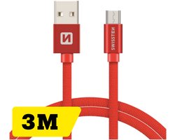 Swissten Lange Micro‑USB Oplaadkabel 3 meter – voor Samsung, Android, Powerbank & PS4 Controller – USB‑A Kabel – Rood