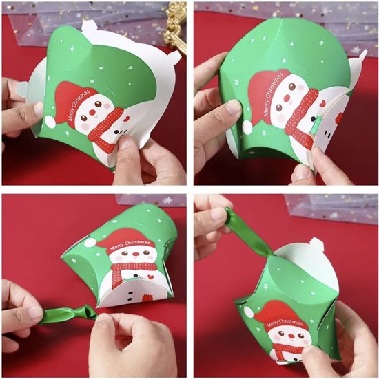 Stapsgewijze instructies voor het vouwen van groene kerstdozen met sneeuwpop en 'Merry Christmas'.