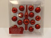 14 mini kerstballen met piek - rood - echt glas - mat en glans