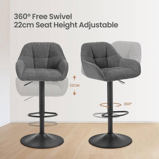 BukkitBow - Tabourets de bar de Luxe en chenille / Fabric/ tissu avec dossier - rotatifs et avec repose-pieds - (hauteur d'assise 63 - 84 cm) - Grijs