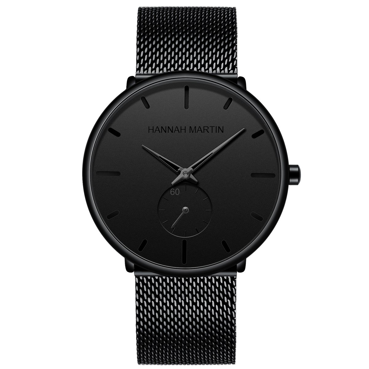 HANNAH MARTIN horloge met zwarte stalen polsband, zwarte wijzerplaat, zwarte horlogekast en zwarte wijzers voor heren met stijl ( model 100G HH )