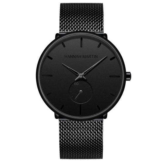 HANNAH MARTIN horloge met zwarte stalen polsband, zwarte wijzerplaat, zwarte horlogekast en zwarte wijzers voor heren met stijl ( model 100G HH )