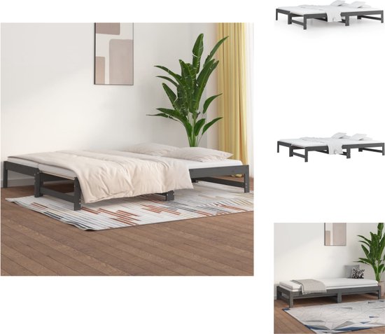 vidaXL Slaapbank Massief Grenenhout - Uitschuifbaar - Grijs - 205.5 x 161 x 30 cm - Inclusief montagehandleiding - Geschikte matras- 80 x 200 cm - 2 stuks matrassen vereist - Bed