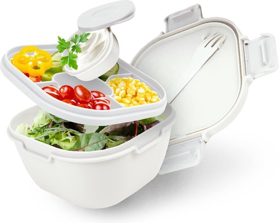 Foto: Saladebox to go 1700 ml lunchbox met vork saladebox met inzetstukken voor toppings en dressing slakom lekvrije bento box met vakken geschikt voor levensmiddelen