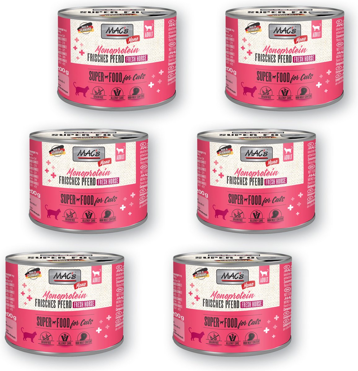 MAC’s Superfood Kattenvoer Mono-proteïne – 99% Paardenvlees – 6 x 200g blikken natvoer