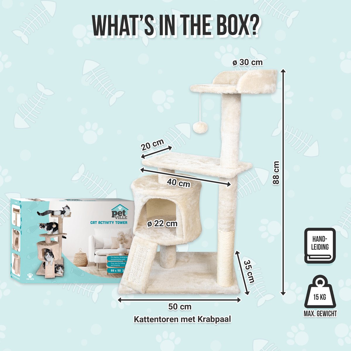 Krabpaal voor Katten - Kattenmand & Kattenspeelgoed - 3 Niveaus - Sisal Touw - 50 x 35 x 88 cm - Krabplank - Krabmat - Kattenhuis - Kattenbed - Kattenpaal - Krabton - Kattenmeubel - Kattentoren - Kattenspeeltjes - Kattenboom - Beige - PetVille – foto 3
