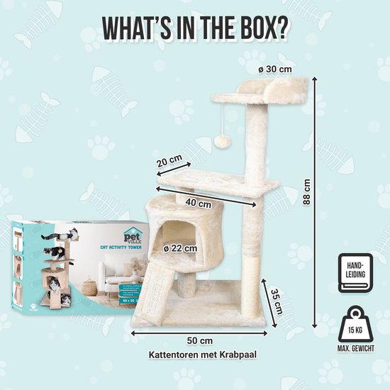 Arbre À Chat - Panier Et Jouets Pour Chat - 3 Niveaux - Corde En Sisal - 50 X 35 X 88 Cm - Planche À Gratter - Tapis À Gratter - Maison Pour Chat - Lit Pour Chat - Poteau À Chat - Griffoir - Meuble Pour Chat - Tour À Chat - Jouets - Beige - Petville