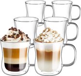 Set de 6 verres à Latte Macchiato à double paroi, en verre borosilicate. Ces tasses à café ont une contenance de 350 ml et sont équipées d'une anse. Convient pour servir du cappuccino, du Latte Macchiato, du thé, de la glace, du lait et de la bière.