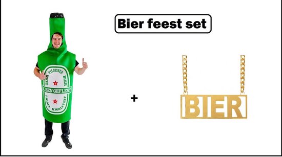 Bierfles outfit groen + bier ketting - bier fles bierfeest thema party carnaval apres ski oktoberfest vrijgezellen feest grappig en fout festivalpak