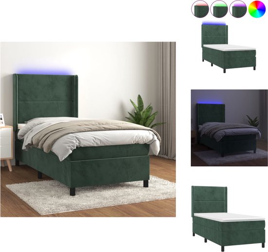 vidaXL Boxspring - Fluwelen Bed met LED en Pocketvering - 203x103x118/128cm - Donkergroen - Bed
