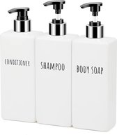 Zeepdispenser, 3 stuks 500 ml zeepdispenserset met labels voor shampoo, conditioner, lichaamszeep, shampoo flessen om te vullen voor keuken en badkamer, wit.
