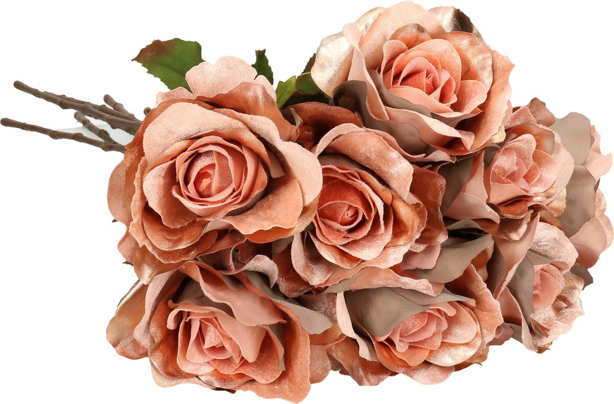 Top Art Kunstbloemen boeket roos Glamour - 8x - zalm met goudkleur - 61 cm - satijn Zalmroze
