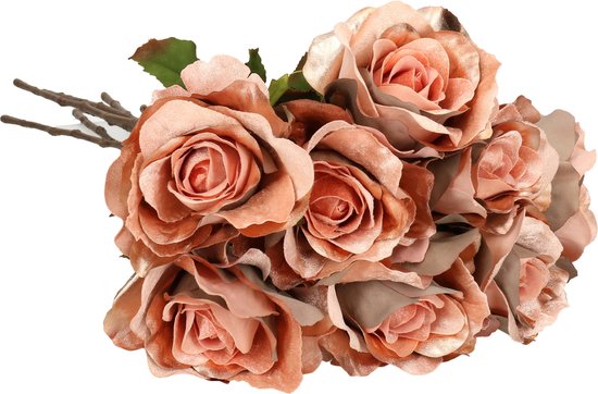 Top Art Kunstbloemen boeket roos Glamour - 8x - zalm met goudkleur - 61 cm - satijn