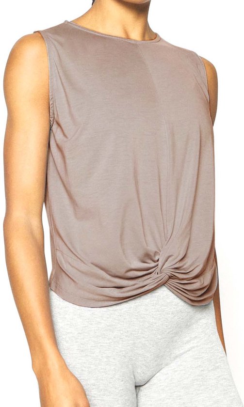 Namastae® Yoga top dames - Yoga kleding dames shirt - Sport shirt geknoopt - Kort topje - Taupe - Maat XS (maat 32-34) van Merkloos — afbeelding 4