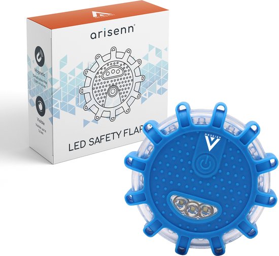Arisenn LED Veiligheidsflitser met blauw middenstuk en oranje rand, naast de doos van het product.
