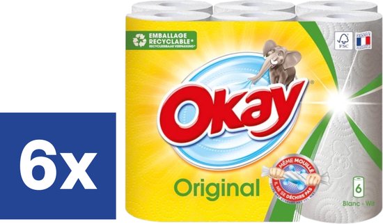 Essuie-tout Okay Original, blanc, 6 rouleaux. Emballage avec un éléphant et le texte 'Okay Original'.