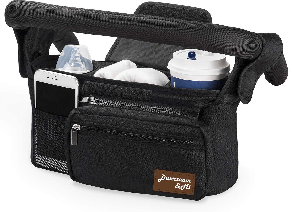 Duuzaam&Mi - Buggy Kinderwagen organizer - zwart - universeel - Buggy tas Organizer - Wandelwag- met geïsoleerde bekerhouder- duwstangen - kinderwagen tas - babyaccessoires - Opbergtassen - schouderriem - opbergruimte voor luiers - van Duurzaam&Mi