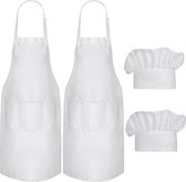 Set van 4 kookschorten, witte keukenschort en chef-kokshoed voor mannen en vrouwen, verstelbaar schort met 3 zakken voor keuken koken bakken BBQ.