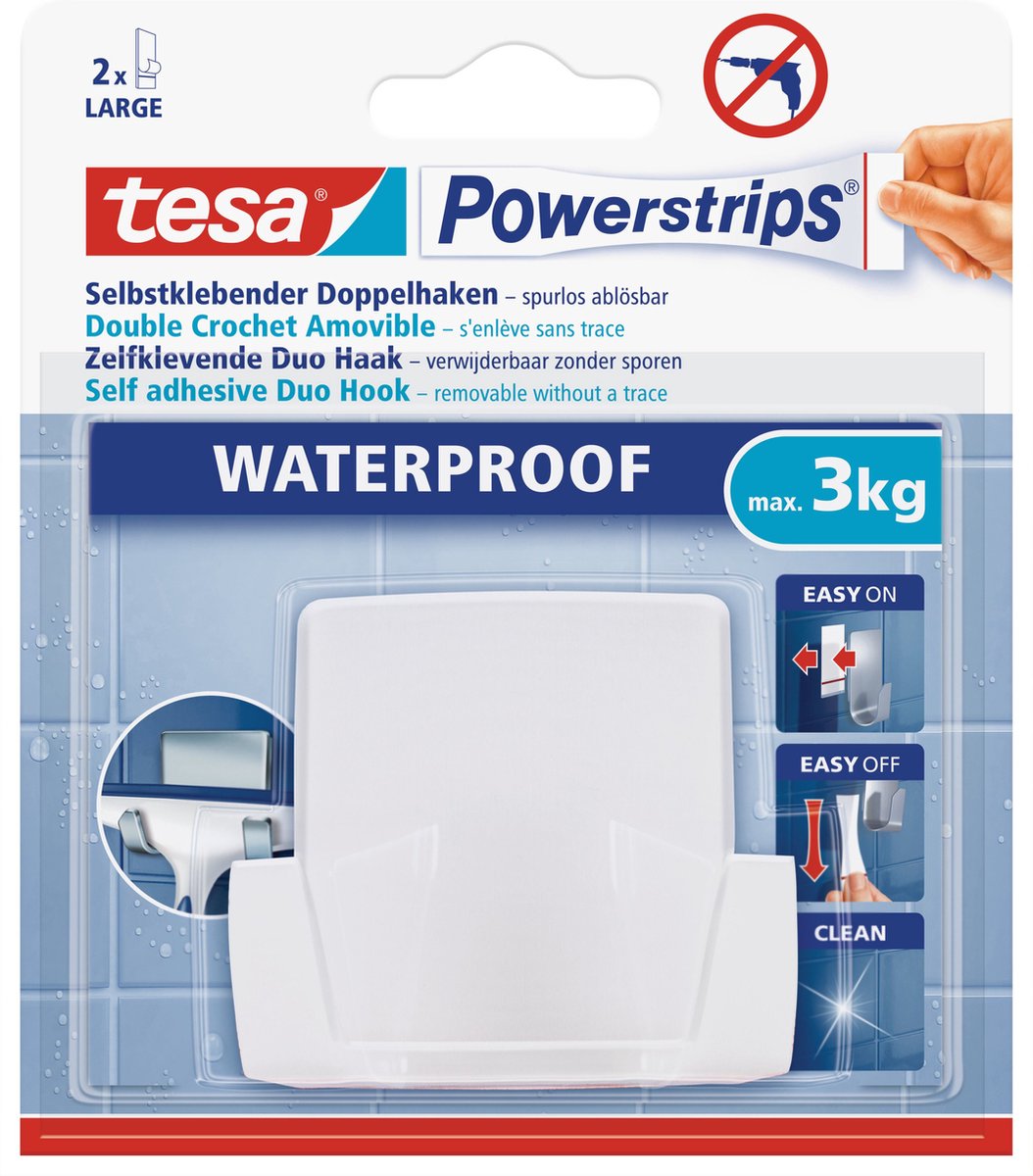 1x Tesa Powerstrips duohaken waterproof - Klusbenodigdheden - Huishouden - Verwijderbare haken - Opplak haken