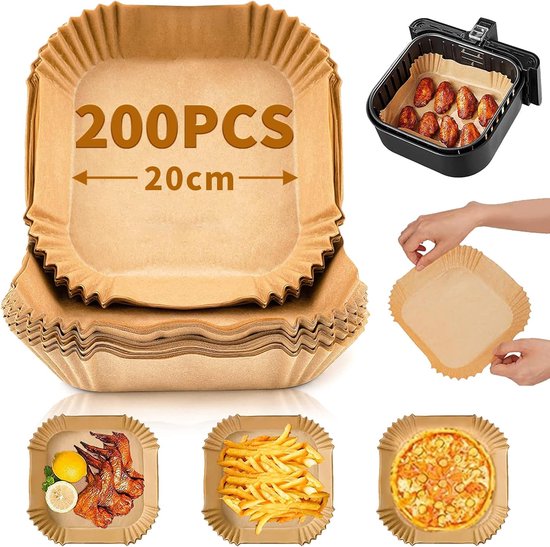 Airfryer bakpapier-20cm*4.5cm-200 Stuks- Non-Stick Bakpapier voor Heteluchtfriteuse Vierkant- Voor Bakken-Frituren-Braden-Natuur